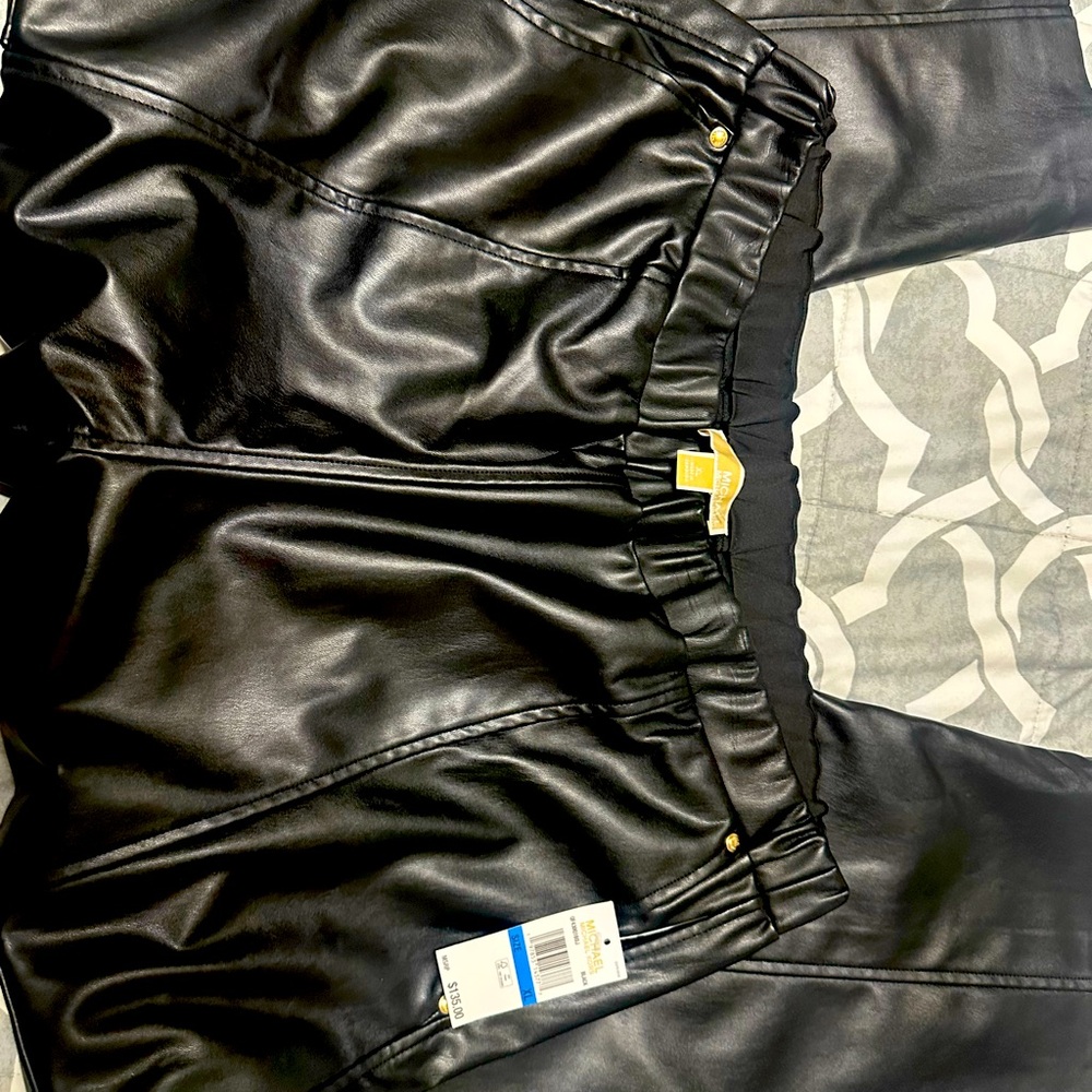 Michael Kors Black Stretch Cargo Faux Leather Pull On Pants